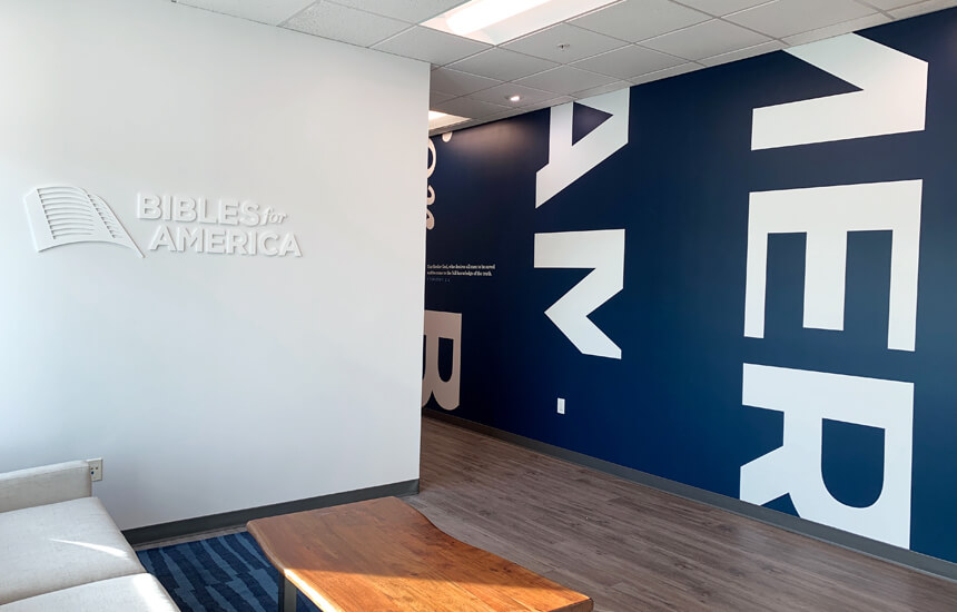 Branded interior experience design and signage for Bibles for America's office in Irvine, CA.