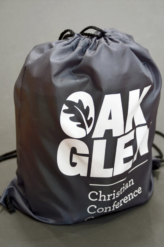 Branded drawstring backpack.