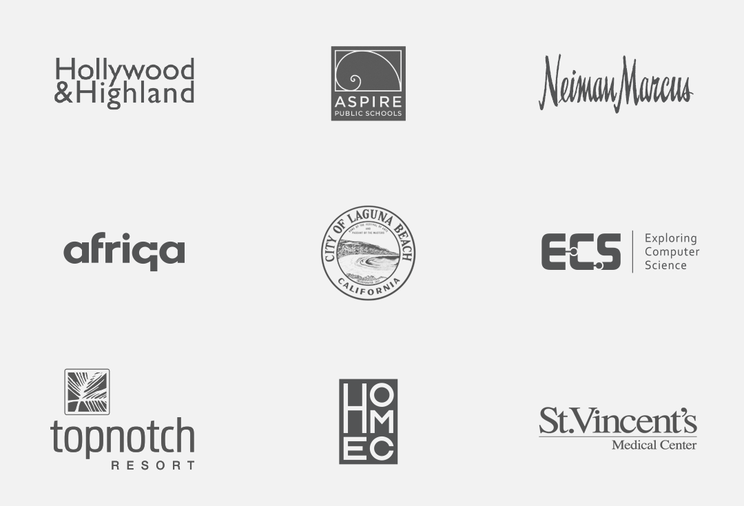 Hollywood & Highland, Aspire Public Schools, Neiman Marcus, St. Vincent's Medical Center, Topnotch Resport, City of Laguna Beach, Exploring Computer Science, Africa IQ logos.